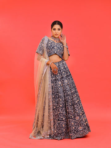 Swarna Rajwada Ensemble - Navy Blue Dupion Silk Lehenga with Nakshi & Crystal Work