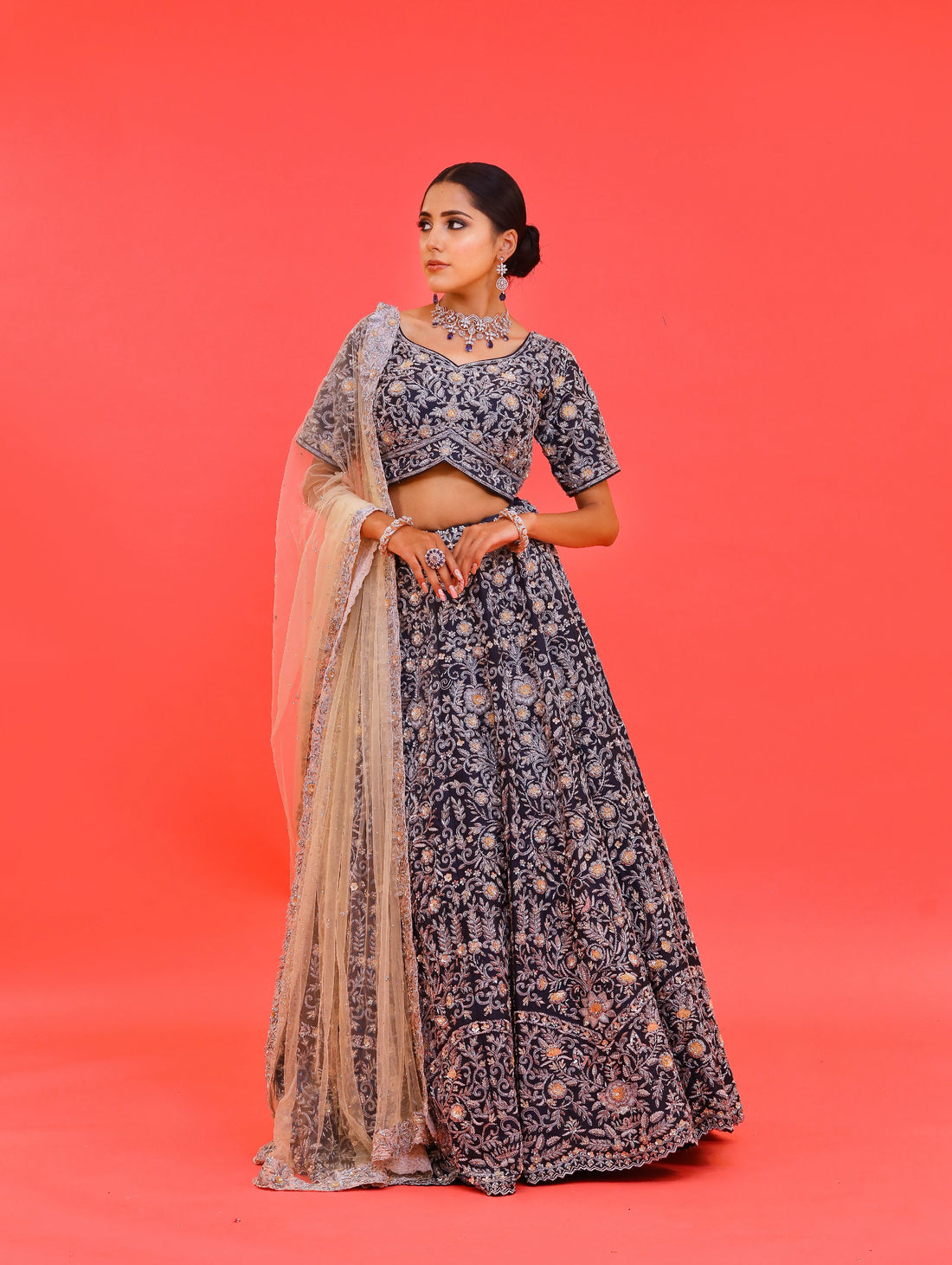 Swarna Rajwada Ensemble - Navy Blue Dupion Silk Lehenga with Nakshi & Crystal Work