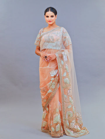 Swarovski Peach Saree with Sequins, Crystals & Leather Applique Work