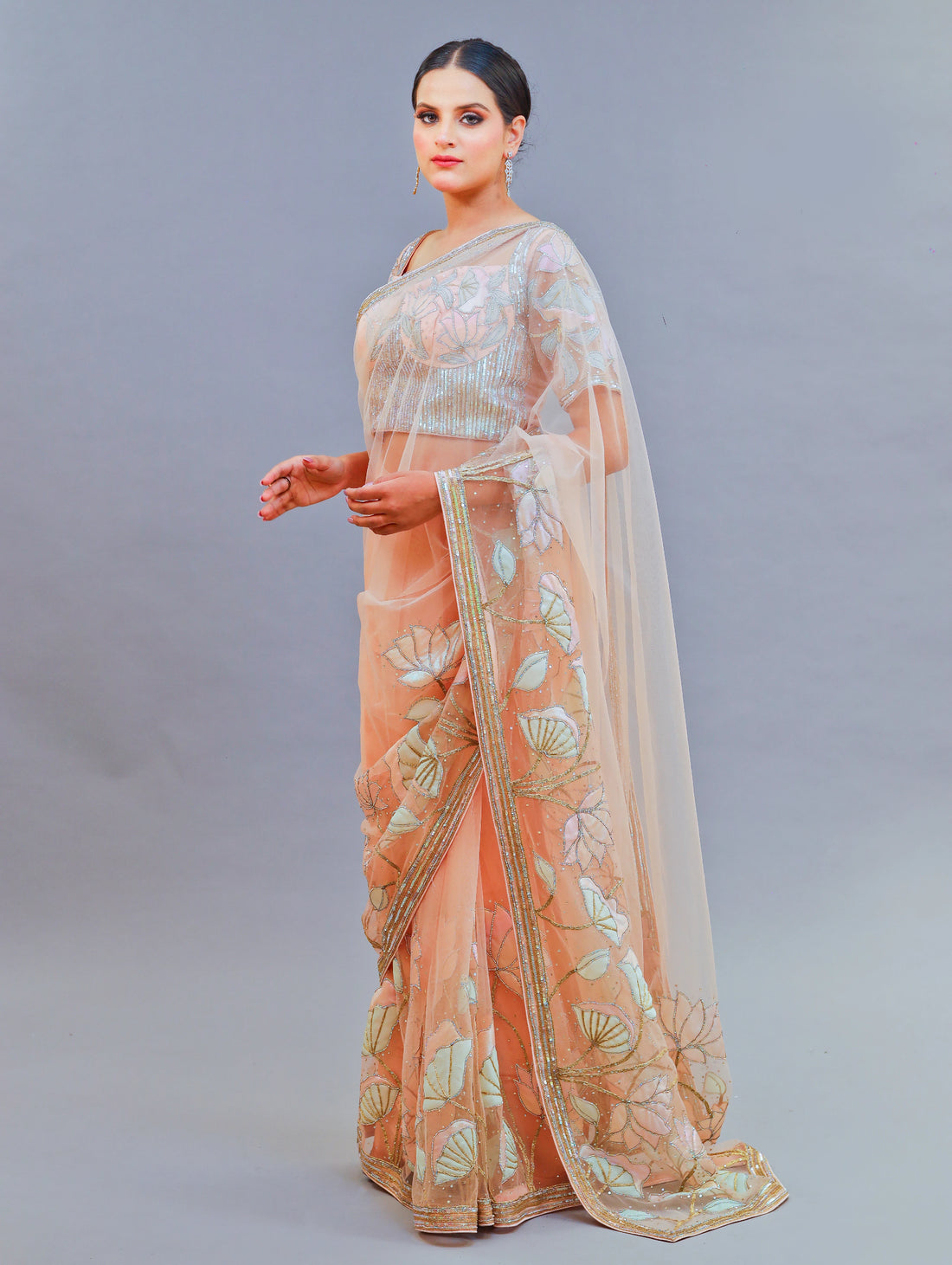 Swarovski Peach Saree with Sequins, Crystals & Leather Applique Work