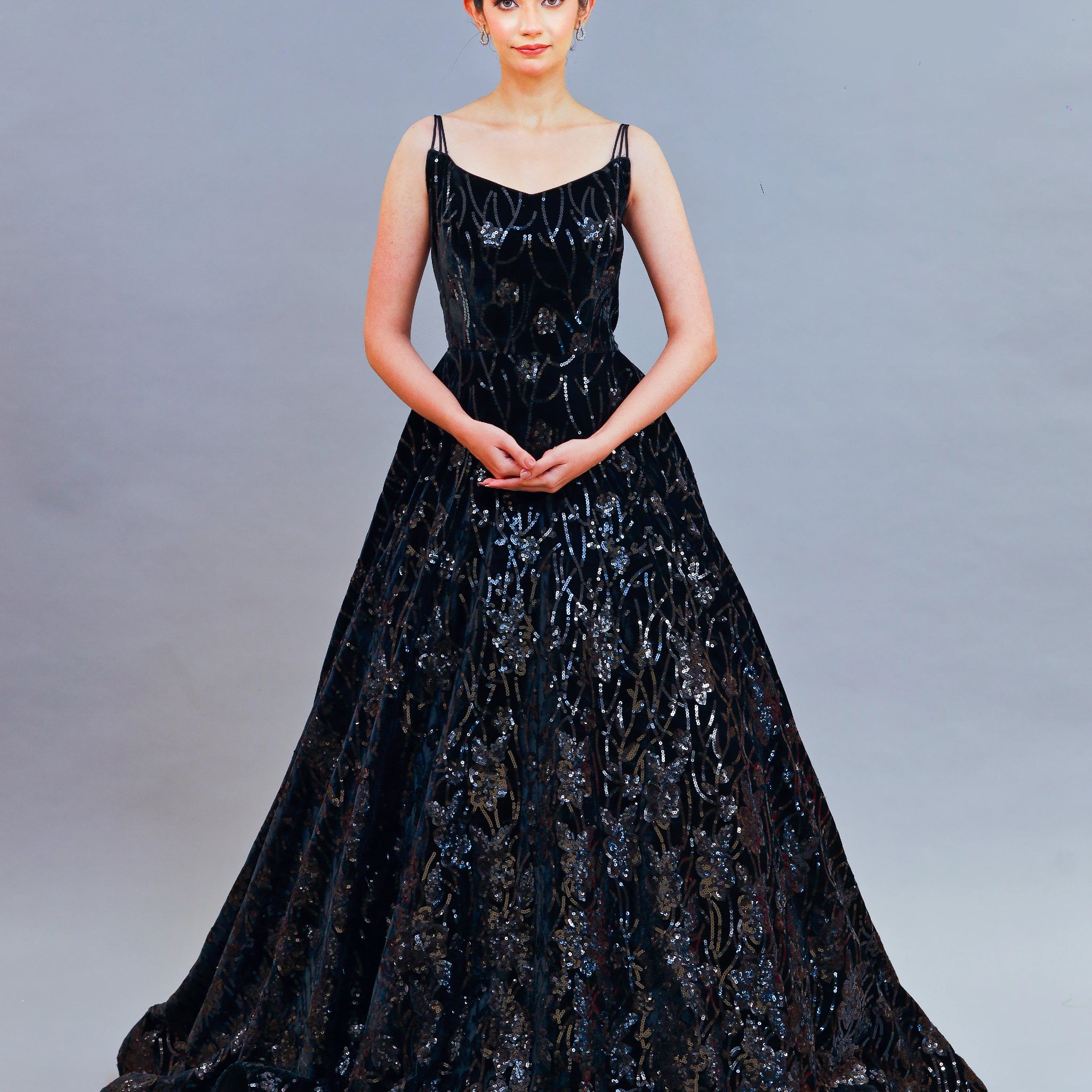 Velvet Fairy Tail Gown with Monotone Sequins & Spaghetti Straps