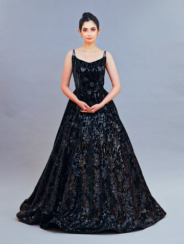 Velvet Fairy Tail Gown with Monotone Sequins & Spaghetti Straps