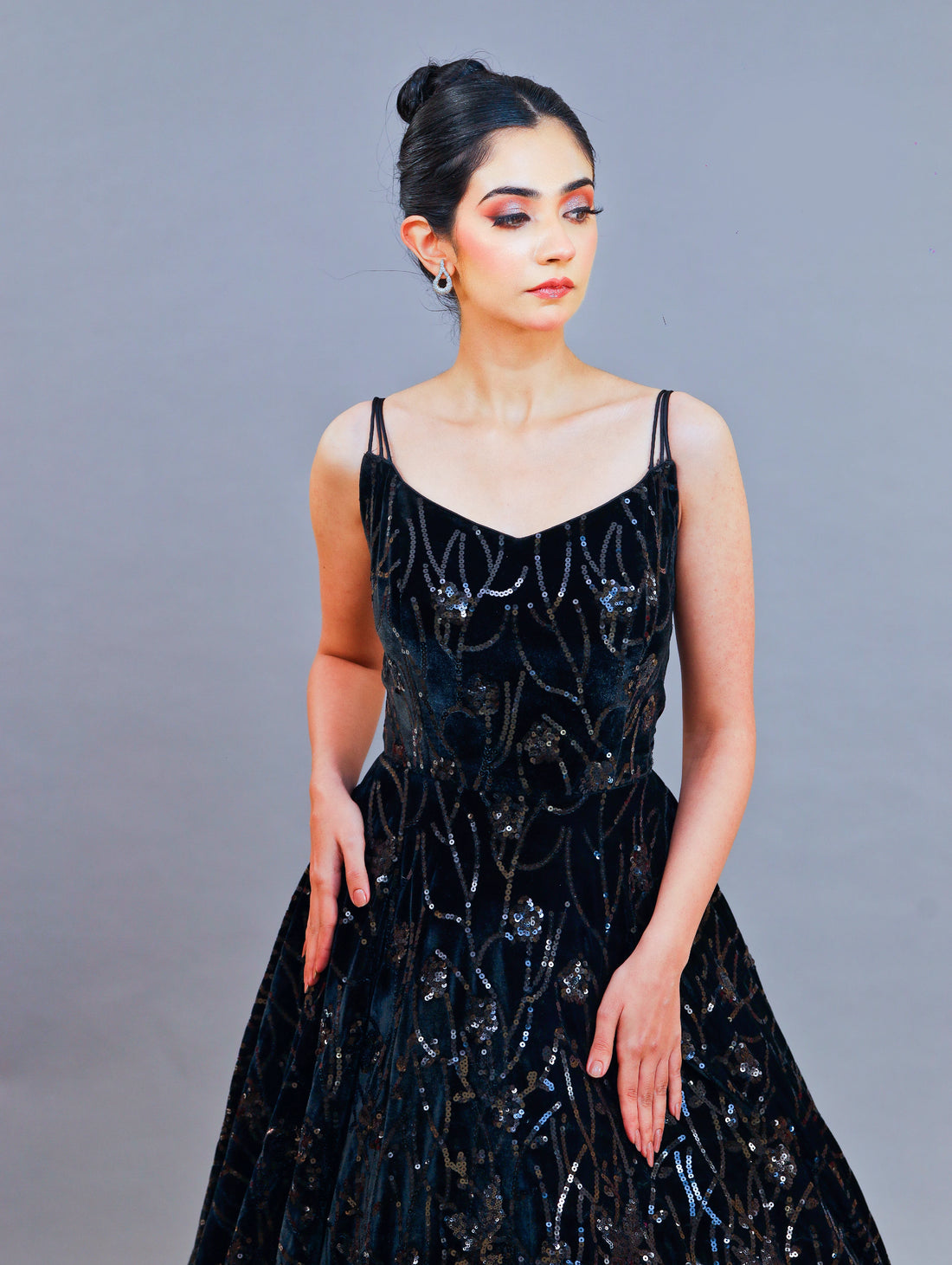 Velvet Fairy Tail Gown with Monotone Sequins & Spaghetti Straps