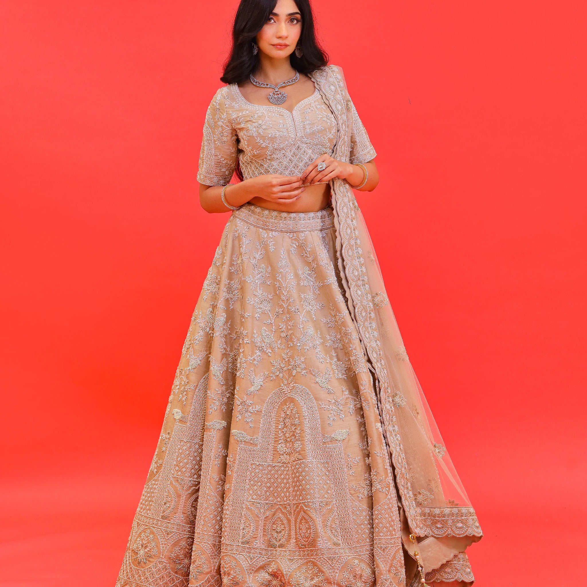 Zarqa Sand Gold Lehenga with Pearl & Cut Dana Work