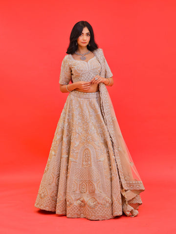 Zarqa Sand Gold Lehenga with Pearl & Cut Dana Work