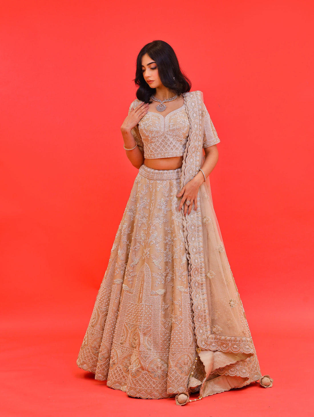 Zarqa Sand Gold Lehenga with Pearl & Cut Dana Work