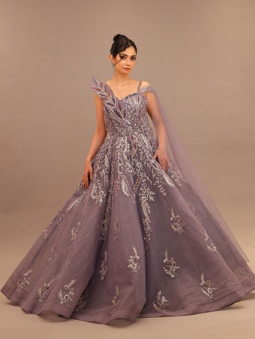 Regal Lavender Draped Gown with Sequins & Crystal Work